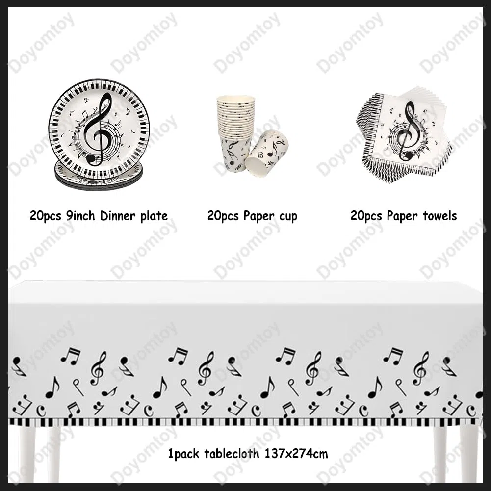 Doyomtoy Set da tavola per feste con note musicali, 61 pezzi, 20 piatti, 20 bicchieri, 20 tovaglioli, 1 tovaglia, decorazione per feste di compleanno