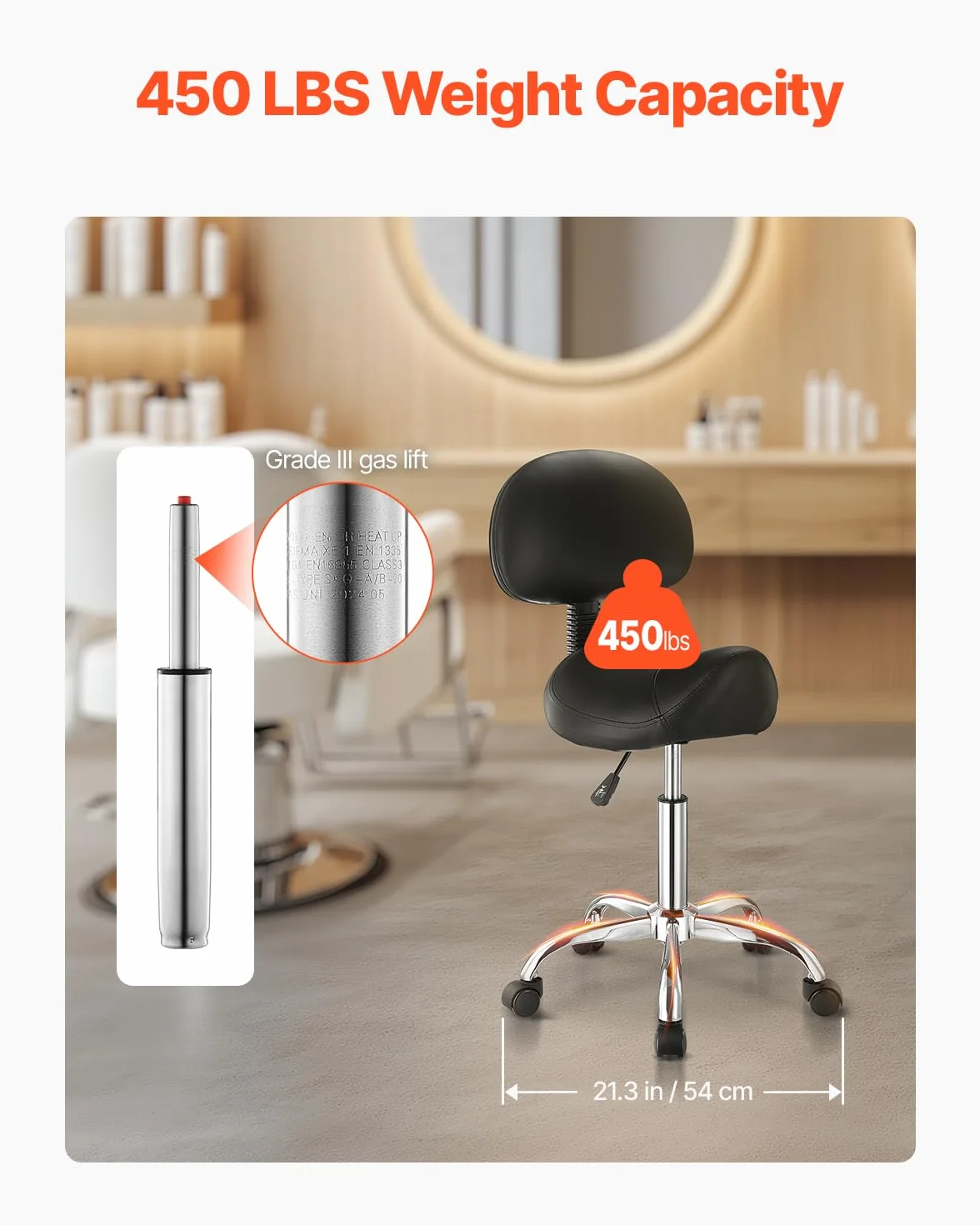 VEVOR Sgabello da Sella con Ruote Supporto per la Schiena, Capacità 204 kg, Sgabello Ergonomico Girevole in Pelle PU Ispessita Regolabile in Altezza per Salone, Massaggi, Clinica, Nero