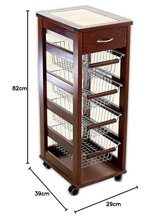 Carrello Cucina con Ruote in Legno con Cassetto e Cestelli Salvaspazio NOCE