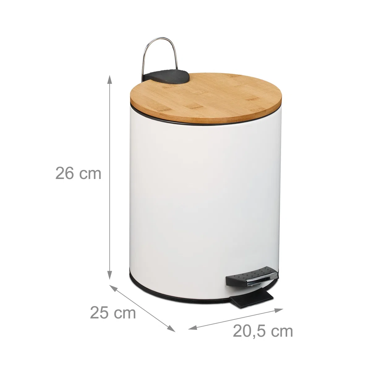 Relaxdays Pattumiera Bagno a Pedale 5 L, Cestino Interno Estraibile, Silenzioso, con Sacchetti, Ferro e bambù, Bianco