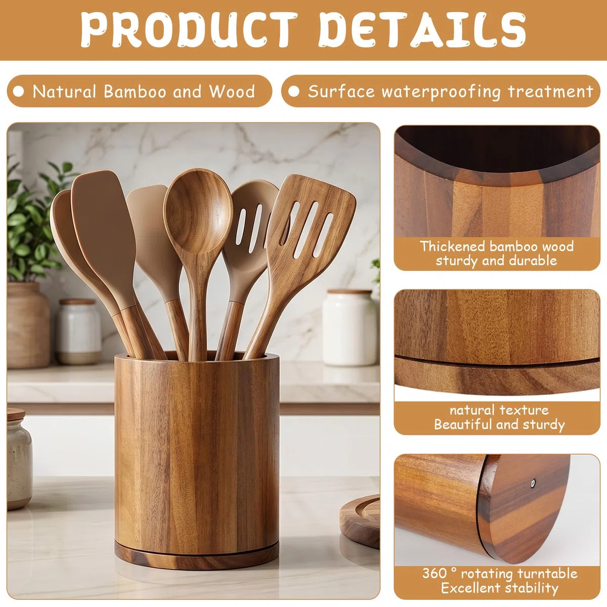 Portautensili da Cucina in Bambù Girevole 360°, 18.5×15.5×15.5cm, Impermeabile, Portautensili per Utensili da Cucina con Spazio 10-15 Utensili per Bancone da Cucina.