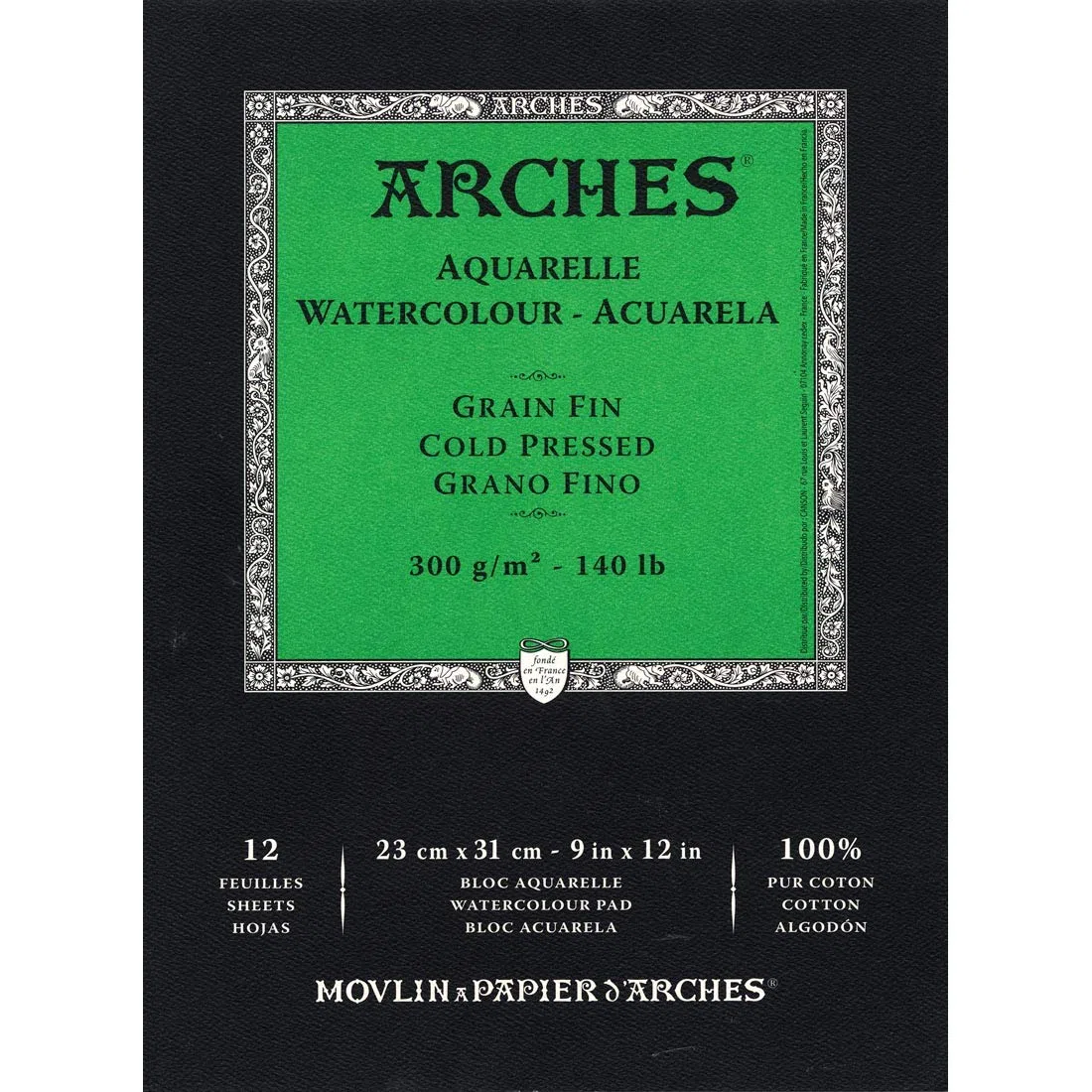 Arches Blocco Per Acquerello Incollato 1 Lato (12 Fogli) - Grana Fina - 300 G/Mq - 23 X 31 cm