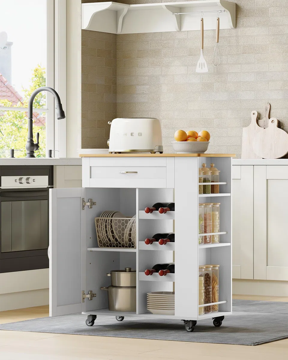 Hzuaneri Carrello Cucina, Mobile Cucina, Scaffale 3 Ripiani con Espositore per Vino, Mobile Multifunzione con Ruote, per Cucina, Soggiorno e Sala da Pranzo, 40 x 68 x 86 cm, Bianco ST03003W