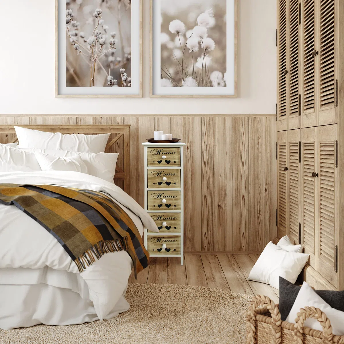 Rebecca Mobili Cassettiera Salvaspazio, Settimino Bianco Marrone, Scandinavo, Legno, 5 Cassetti, Ingresso Soggiorno - Misure: 91 x 26 x 30 cm (HxLxP) - Art. RE6490