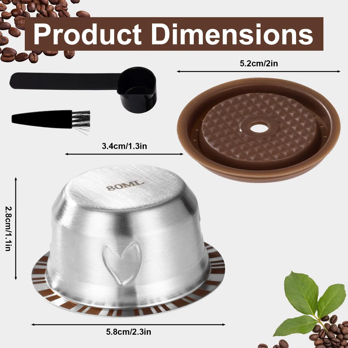 XIHIRCD Capsule Riutilizzabili per Macchina Nespresso Vertuo, Set di Capsule di Caffè Ricaricabili da 80 ml in Acciaio Inossidabile con Coperchio in Silicone Cucchiaio e Pennello