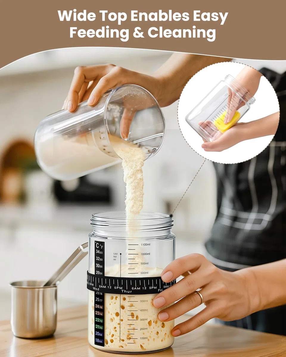 PITCH + PULSE Starter Kit per Pasta Madre, 1200ml Vetro Fermentato con Termometro, Nastro Alimentazione Data, Spatola, Contenitore per la Cottura del Pane a Lievito Naturale