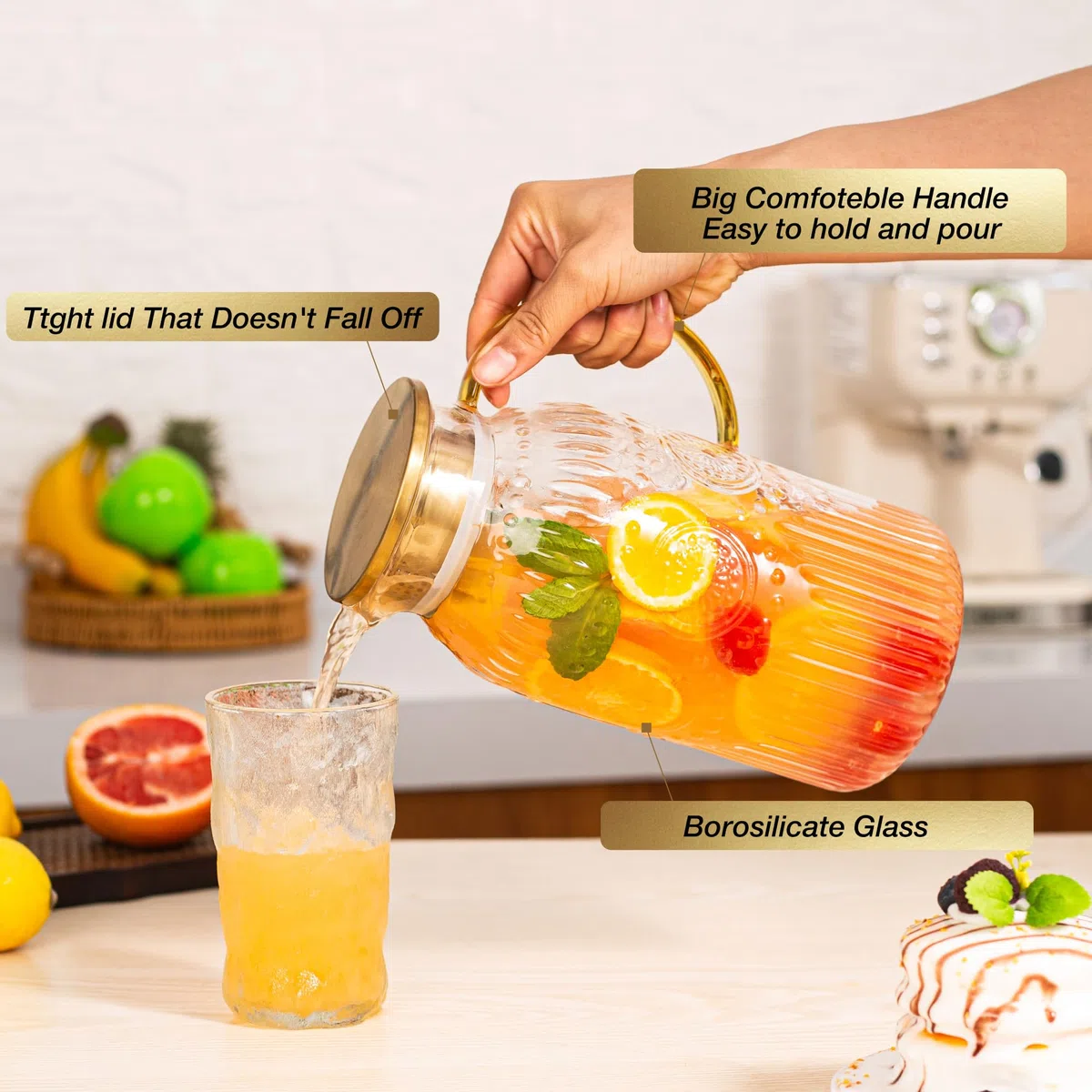 Amzcku Brocca in vetro con coperchio, brocca per acqua vintage da 2 litri, caraffa per acqua fredda, caffè, limonata, tè freddo, bevande, brocca in vetro resistente al calore, 1 confezione