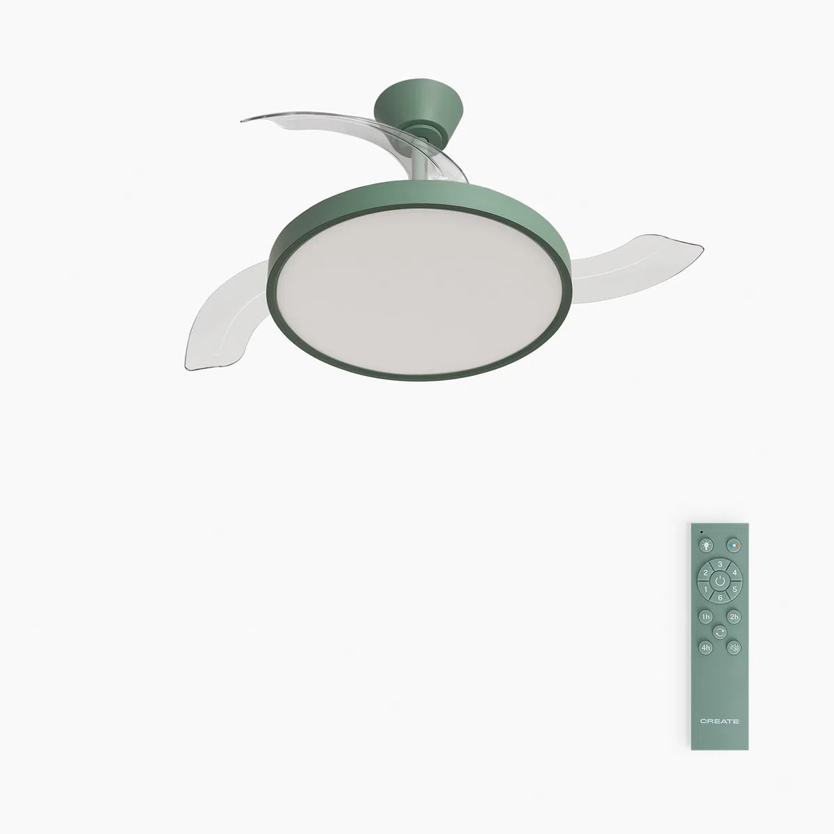CREATE / WIND CLEAR STUDIO S/Ventilatore da soffitto con luce verde sage con telecomando / 40W, Temporizzatore, Ø 91 cm, 6 velocità, pale retrattili, 3 temperature di luce, funzione estate-inverno