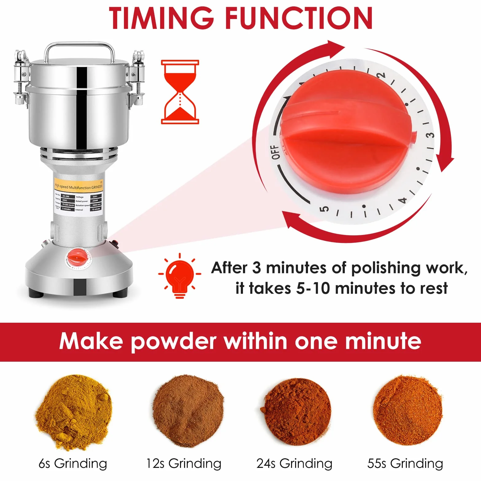 Mulino per Cereali 500g,trita pietre 2500W Portable Grinder 220V 3 Lame Riso a Macinazione Rapida, Sesamo, Cereali integrali