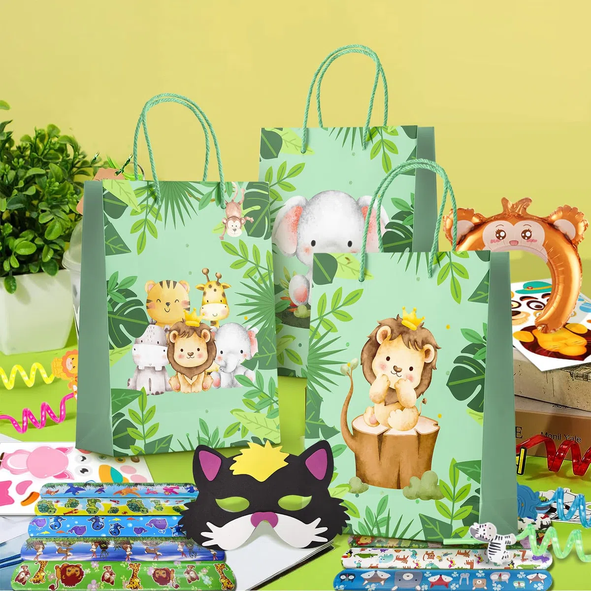 Regali di Animali della Giungla, 60 Pcs Set Bomboniere Safari - Sacchetti Animali Slap Bracelets Maschere Fasce per Capelli Gonfiabili Cannucce a Spirale Giungla Party Regalo per Bambino