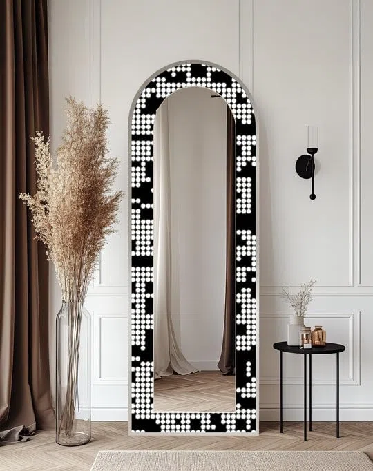Specchio da pavimento a forma di punto monocromatico, lunghezza totale 50,8 cm x 160 cm (larghezza x altezza), specchio da pavimento con cornice nera e cornice nera