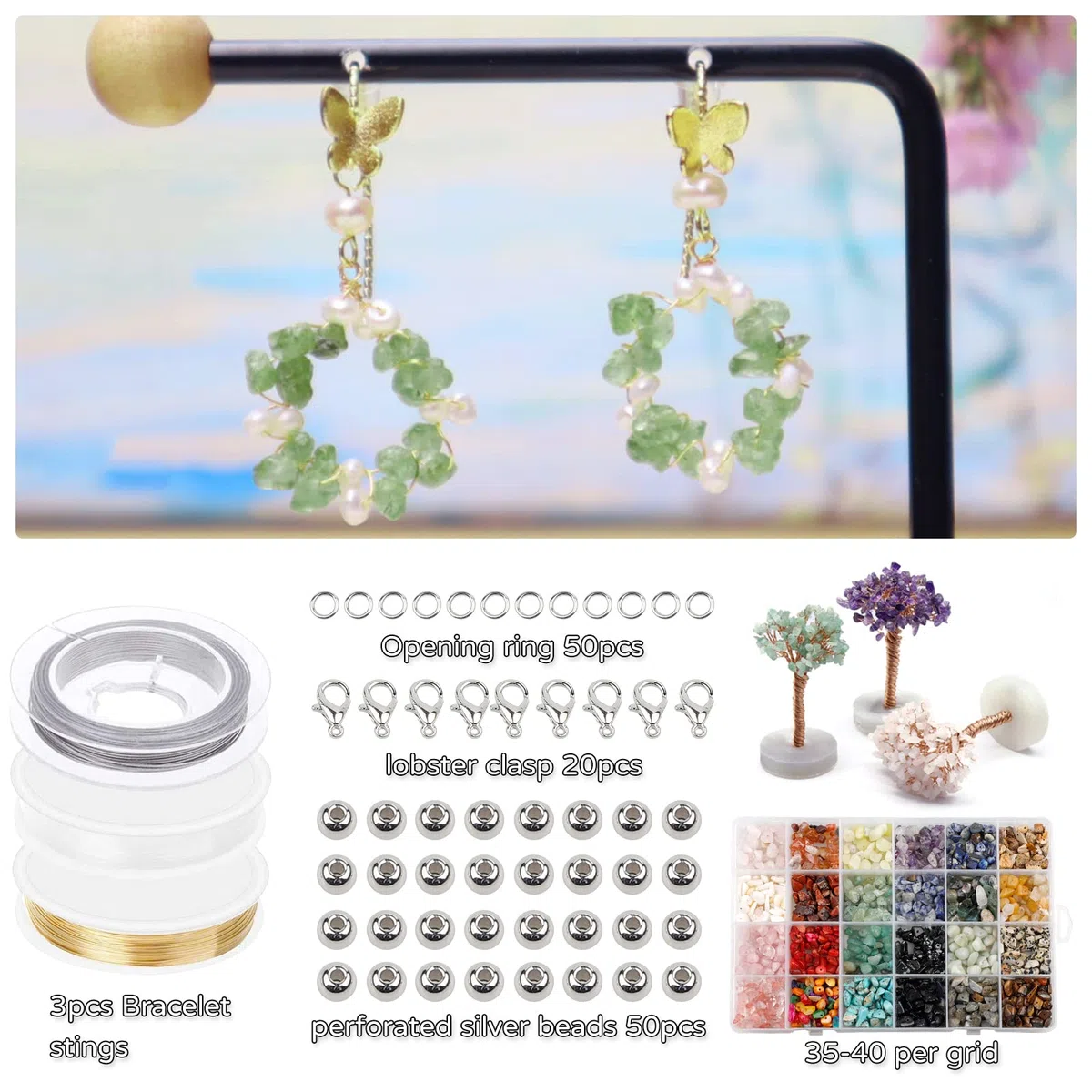 SWAWIS Set di 24 pietre preziose con foro, 4 – 8 mm, perline di pietra irregolari, pietre preziose, per il fai da te, con perline distanziatrici, anelli di piegatura