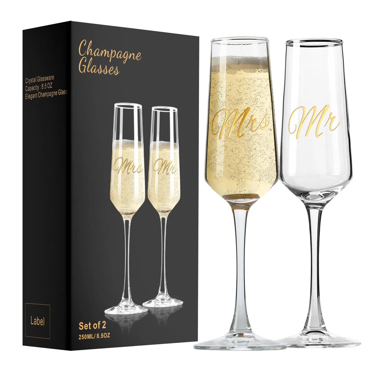 PARACITY Set di 2 calici da champagne per matrimoni Mr e Mrs, bicchieri da champagne per sposi, regali per addio al nubilato, regalo di fidanzamento, 8,5 oz/250 ml