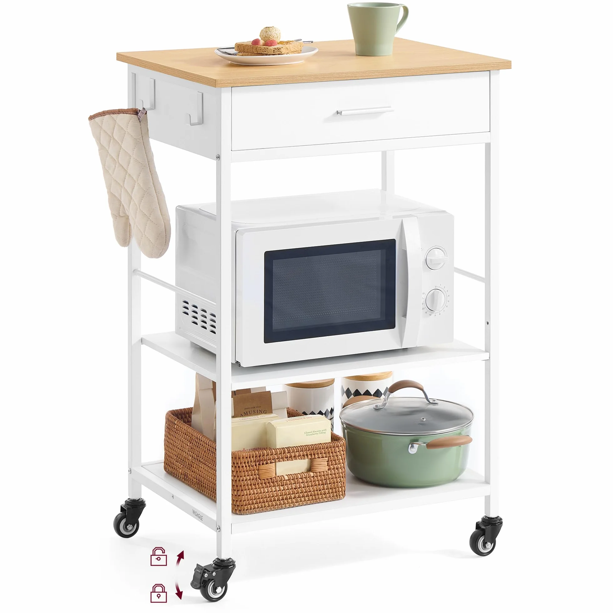 VASAGLE Isola da Cucina Mobile con Ruote, Carrello da Cucina, 45 x 60 x 90 cm, Cassetto, 2 Ganci, per Sala da Pranzo, Rovere Beige e Bianco Opaco KKI007Y01