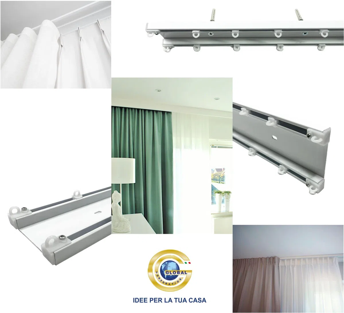 GLOBALCORPORATION Binario per tende a soffitto doppio in alluminio bianco con scorrevoli da interno sopratende arricciate a 2 canali bastone per tenda su misura moderni scorrimento (240 centimetri)