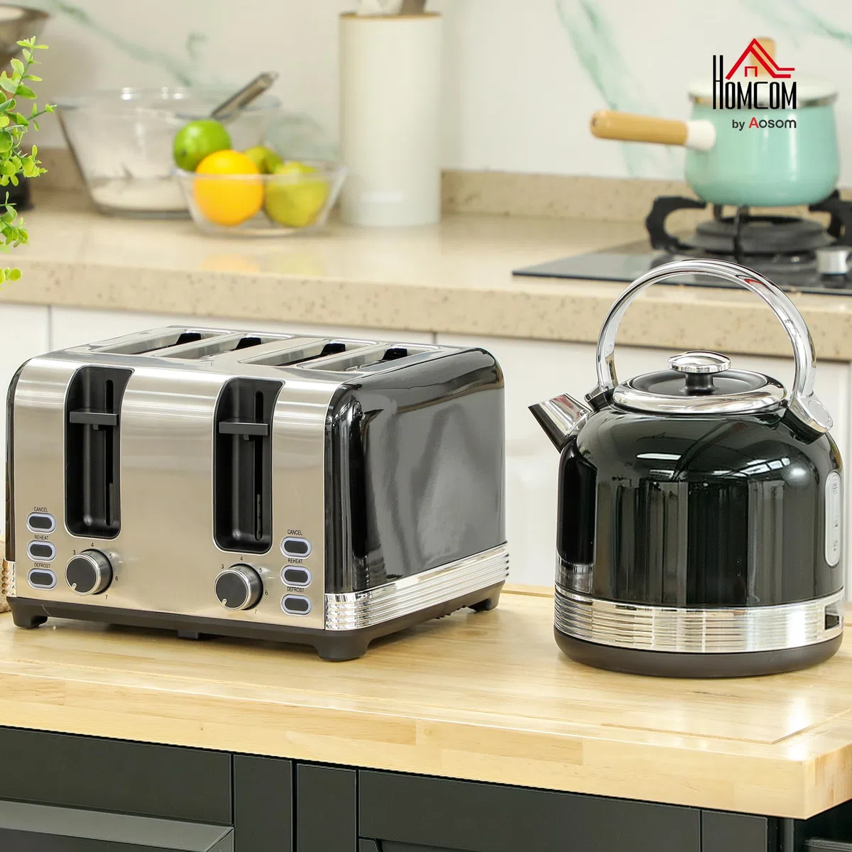 HOMCOM Set di tostapane per bollitore elettrico, 2200 W, 1,7 l, 4 fette, 7 livelli di doratura, riscaldamento e scongelamento, set per colazione con filtro per bollitore, scomparto per briciole, nero