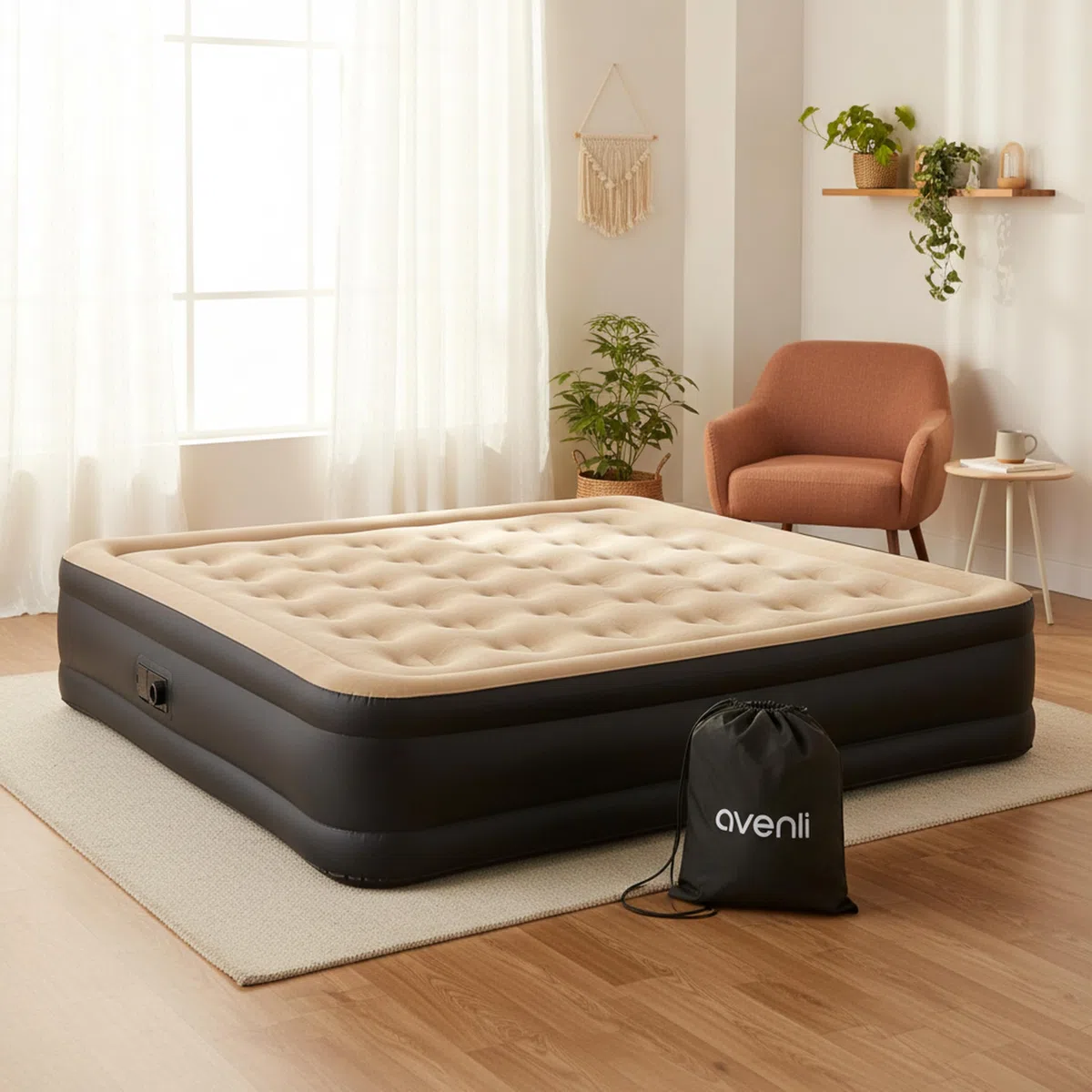 AVENLI Materasso Gonfiabile Matrimoniale 203x157x47 cm, Letto Gonfiabile Autogonfiabile 2 Persone con Pompa Elettrica Integrata, Materasso per Campeggio e Letto Ospiti, Coil-Beam, beige