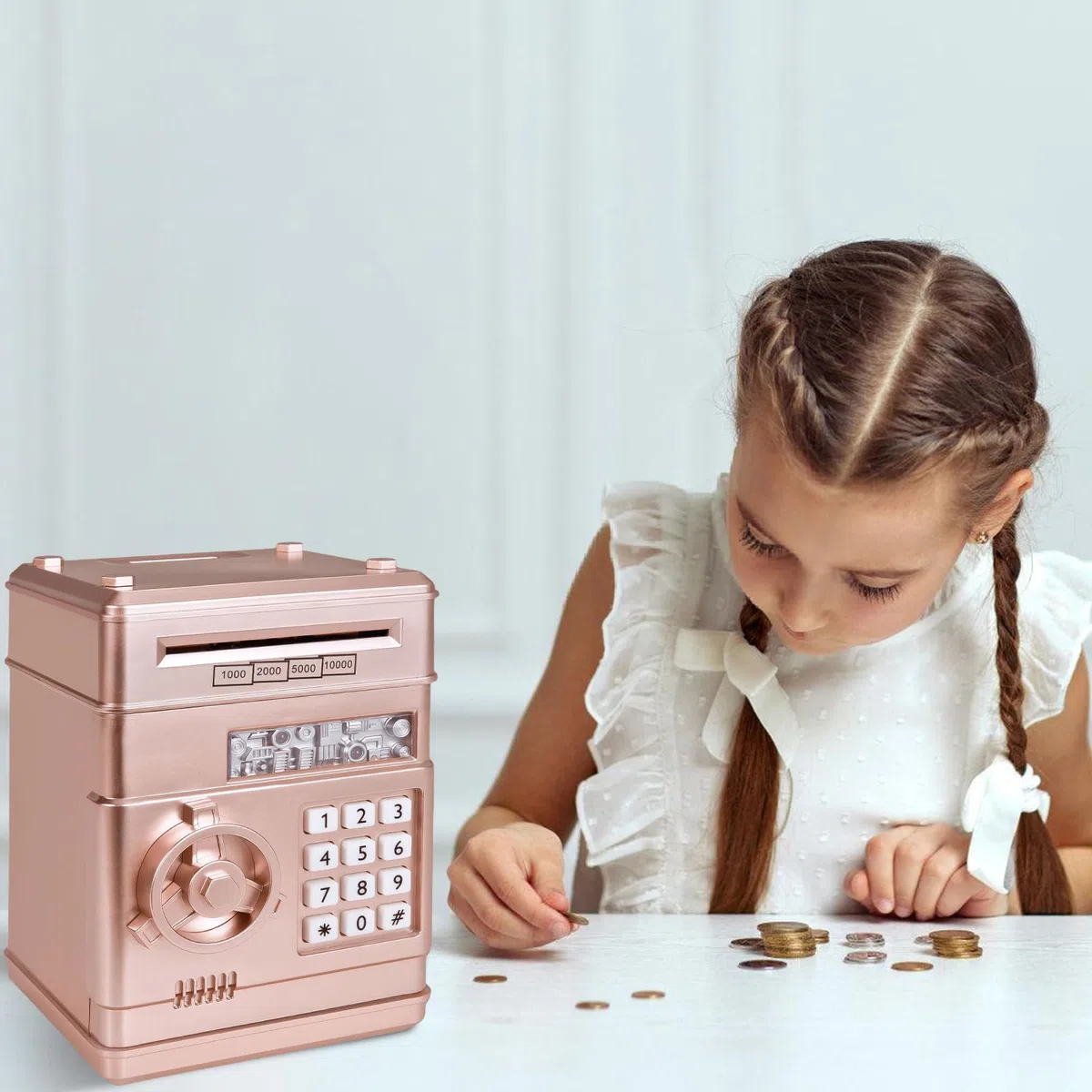 Salvadanaio elettronico per bambini dai 3 anni in su, codice elettronico password, cassaforte ATM con modalità musicale, salvadanaio elettronico digitale per bambini, giocattolo con scorrimento