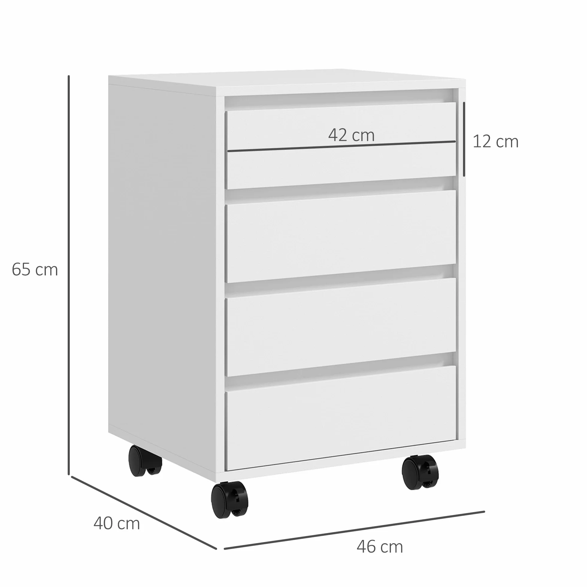 HOMCOM Schedario da Ufficio con 4 Cassetti, Ruote a Freno, Cassettiera Scrivania per Lettera/Formato A4/Legale, Cassettiera Ufficio per Studio Sotto Scrivania, 46x40x65 cm, Bianco