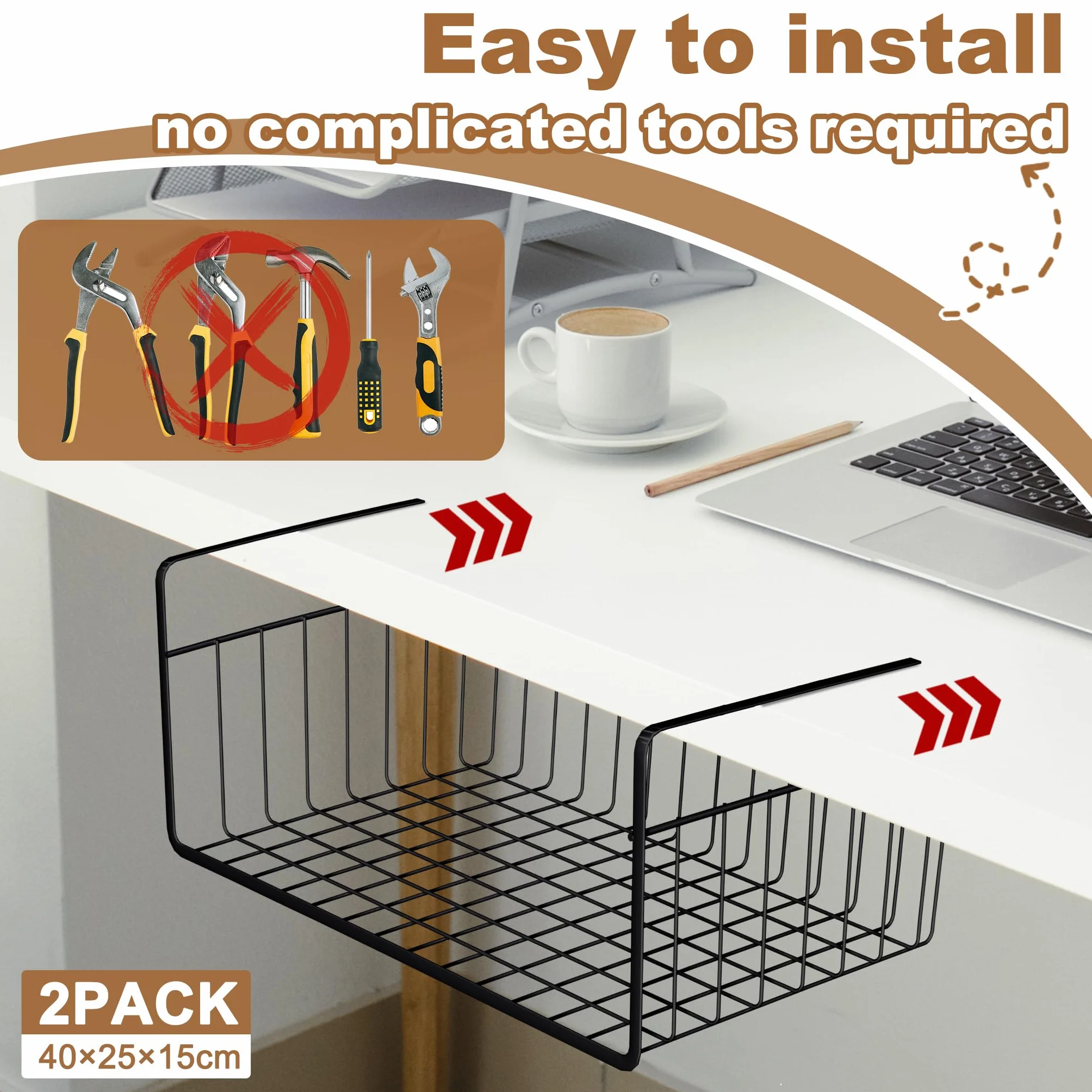 Froadp Set da 2 cestelli sottoscaffale – Organizer da armadio in metallo nero – Montaggio senza attrezzi – Ideale per cucina, dispensa, bagno, ufficio, armadio – Design aperto per la ventilazione