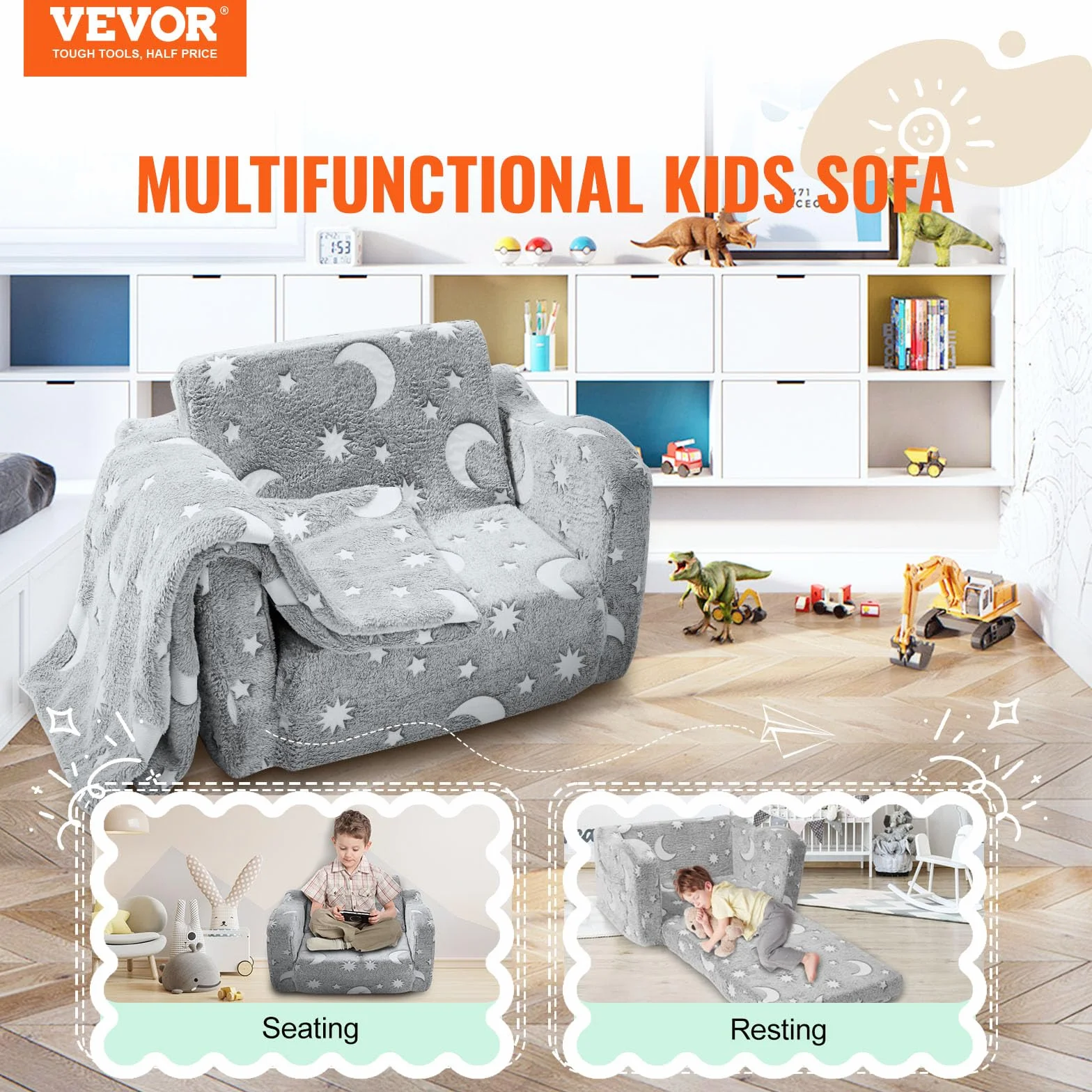 VEVOR Divano Letto Pieghevole per Bambini 610x430x400 mm, Apribile per Stanza da Gioco, Poltrona Sedia Carico Max. 20kg