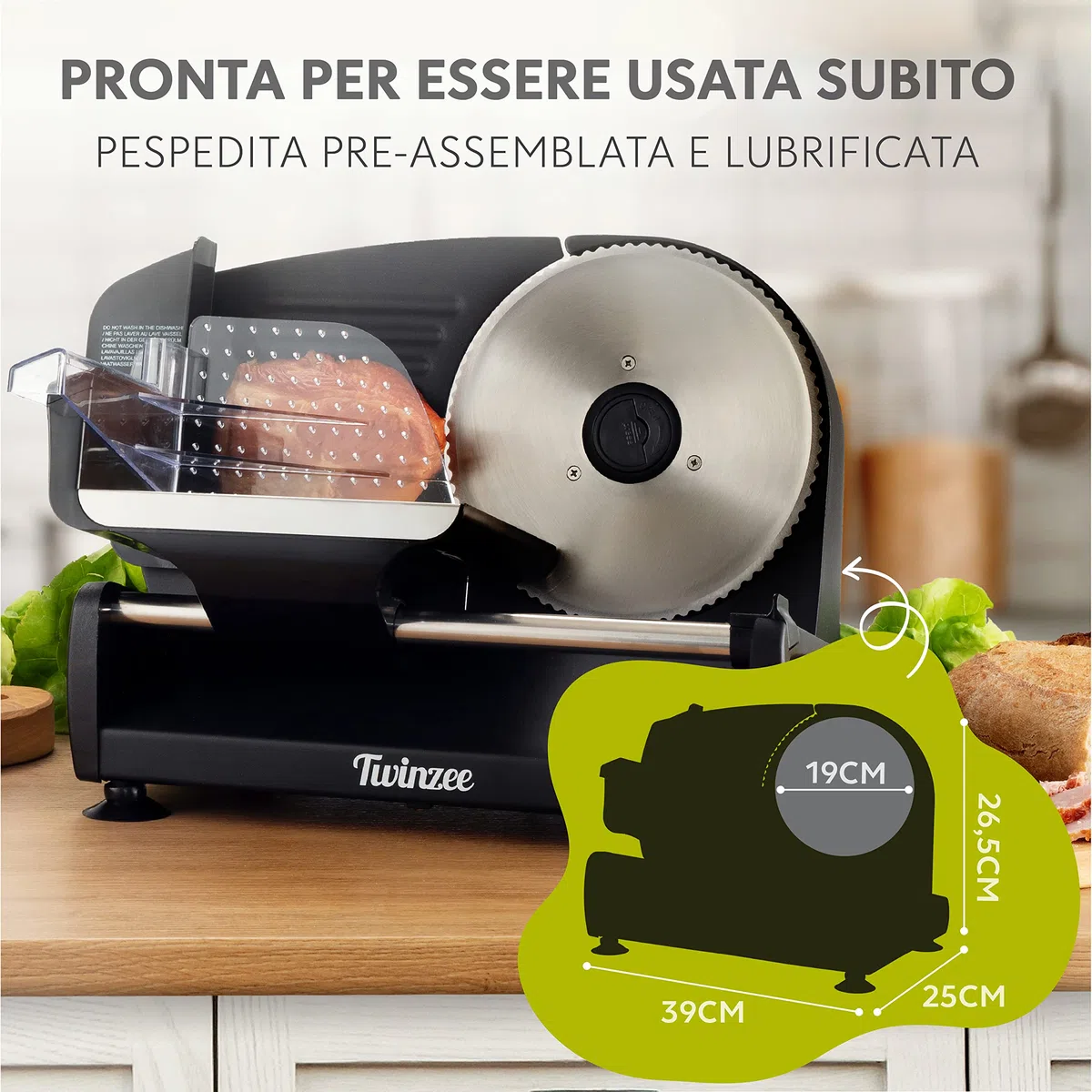 Twinzee Affettatrice Elettrica da Casa 150W Nera - 2 Lame, Spessore 0-15mm - Affettatrice Professionale per Salumi, Carne e Pane
