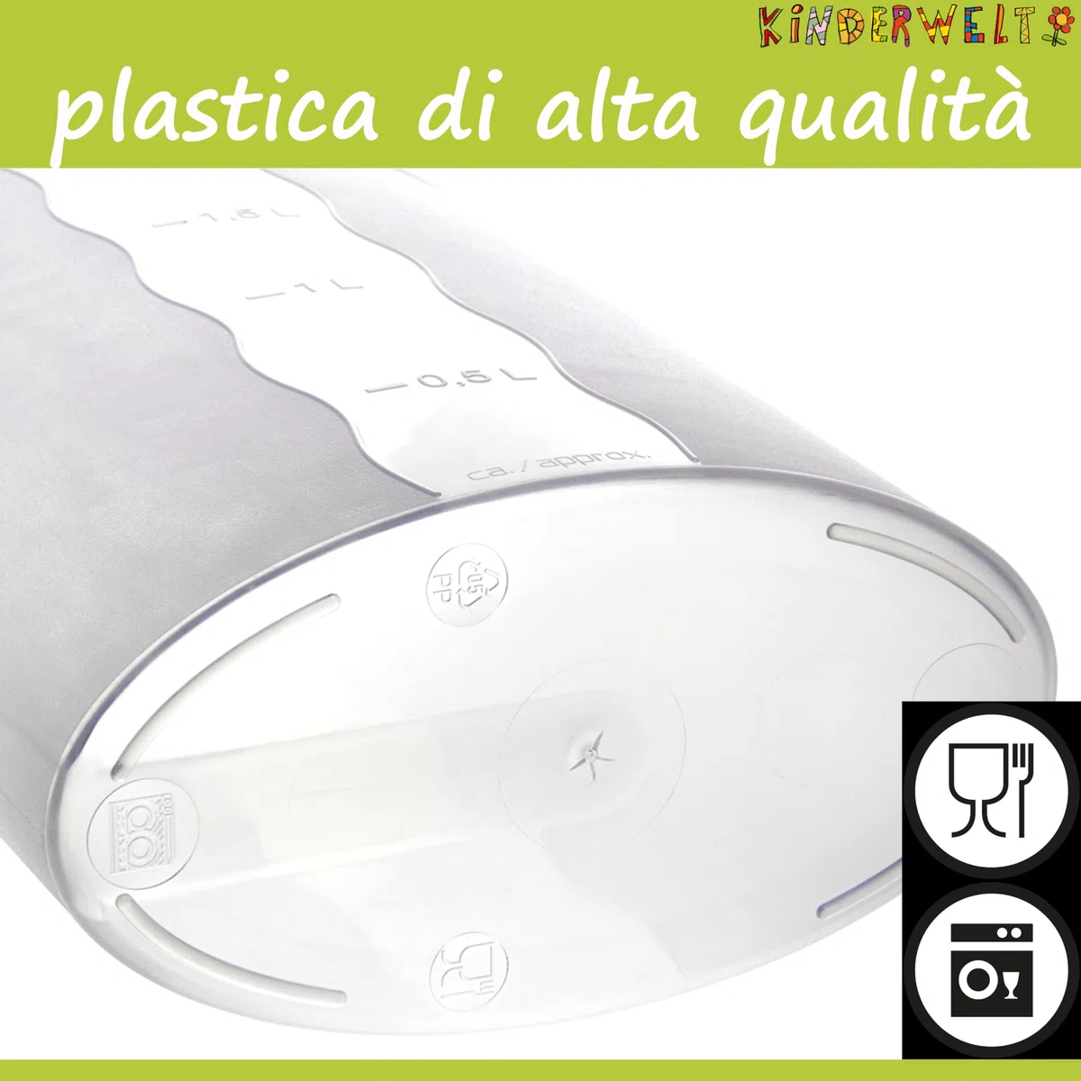 KiNDERWELT Caraffa per succo da 2 litri, in plastica, con coperchio, con inserto per frutta e scala, per porta del frigorifero, caraffa per acqua per bevande fredde come succo, tè freddo