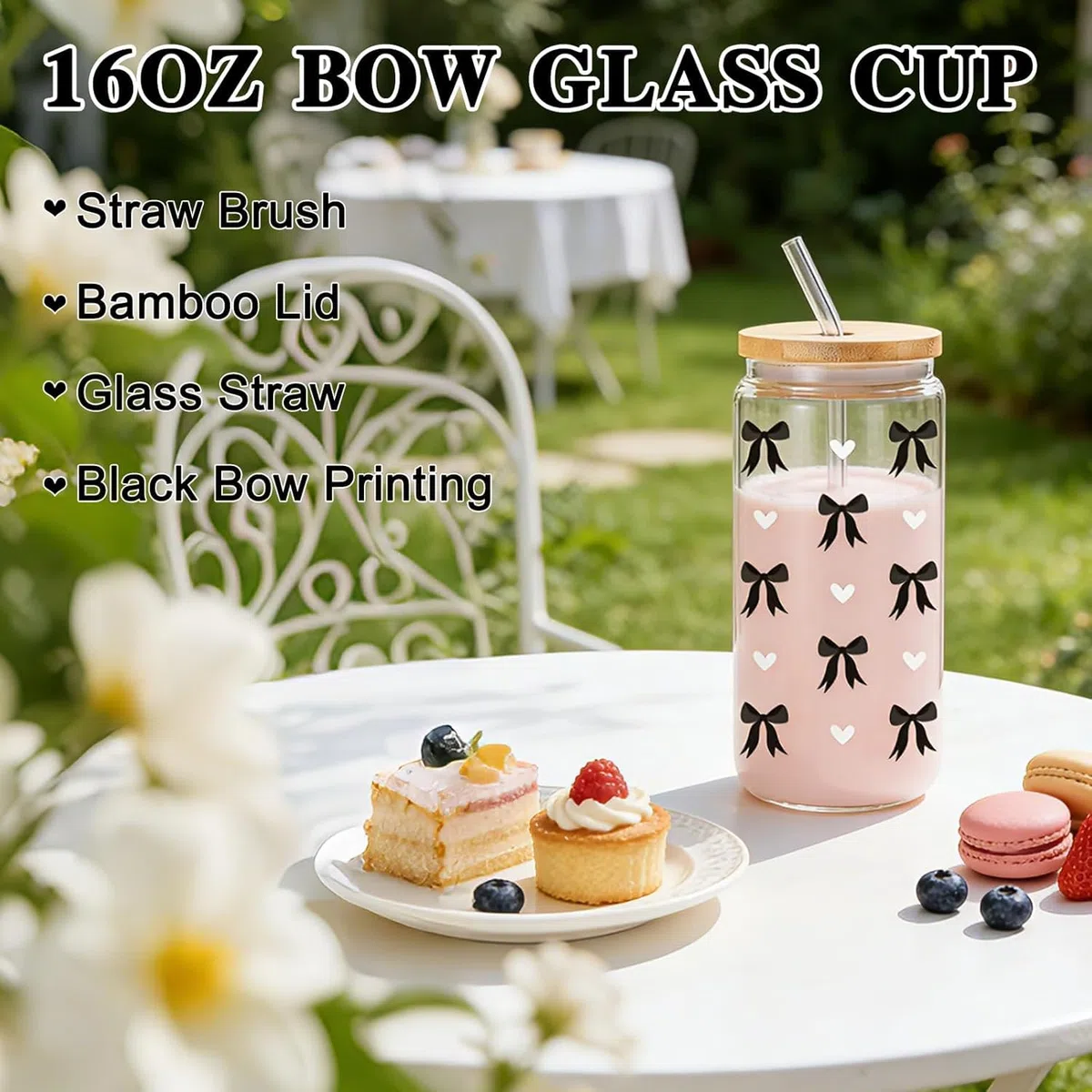 Regali per Ragazze Adolescenti di 8 9 10 11 12 13 14 15 anni, Regalo di Compleanno per Ragazza Dagli 8 ai 15 Anni, Tazza di Vetro con Coperchio e Cannuccia, Tazza da Caffè con Stampa nero Fiocco