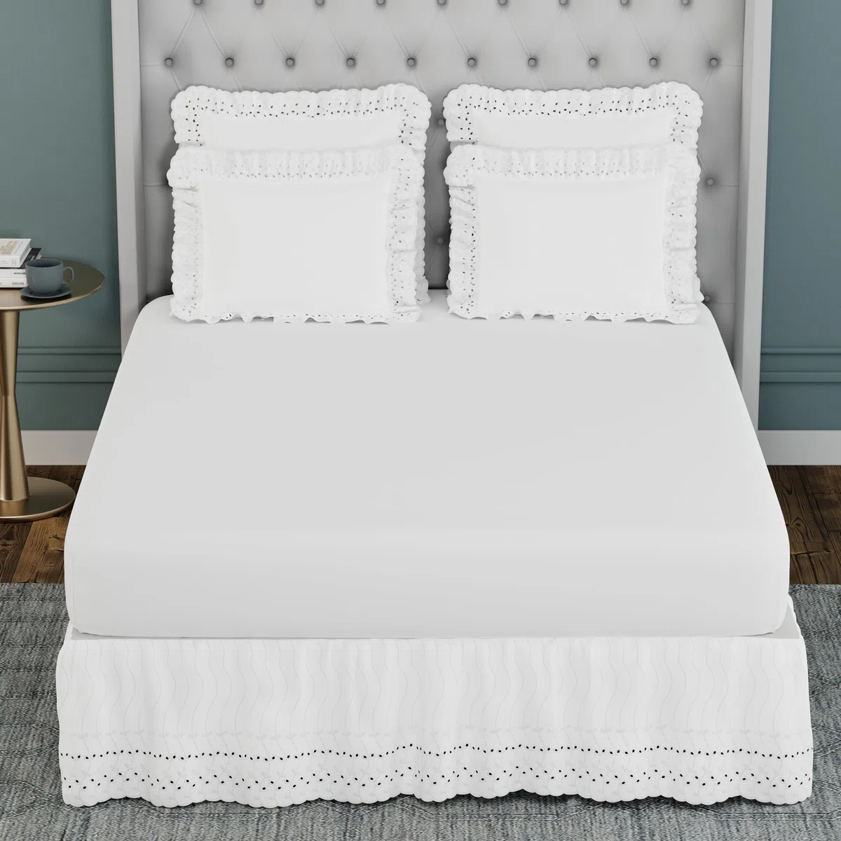 Fresh Ideas Eyelet Ruffled Pillow 2 Pack Sham, Cotone, White, King