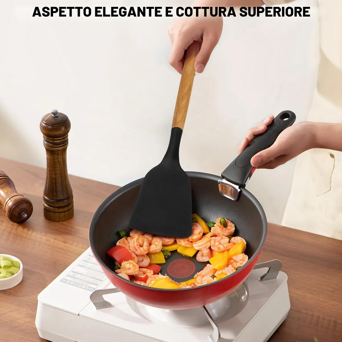 Vortix 19 Pezzi Set Utensili Cucina Silicone, Set Coltelli da Cucina con Porta Utensili, Mestoli Cucina Silicone con Manico in Legno, Nero