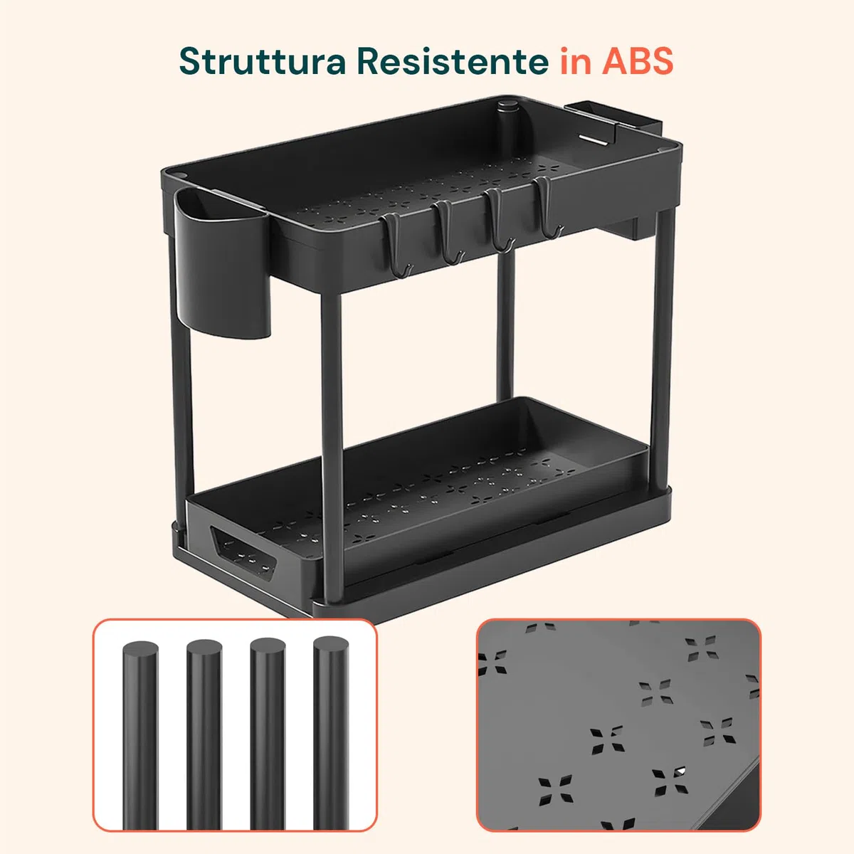 Avilia - Organizer Sottolavello Cucina a 2 Ripiani con Cestelli e Ganci per Ottimizzare Spazio in Bagno e Cucina, Facile da Montare, Ideale per Detergenti e Accessori di Uso Quotidiano