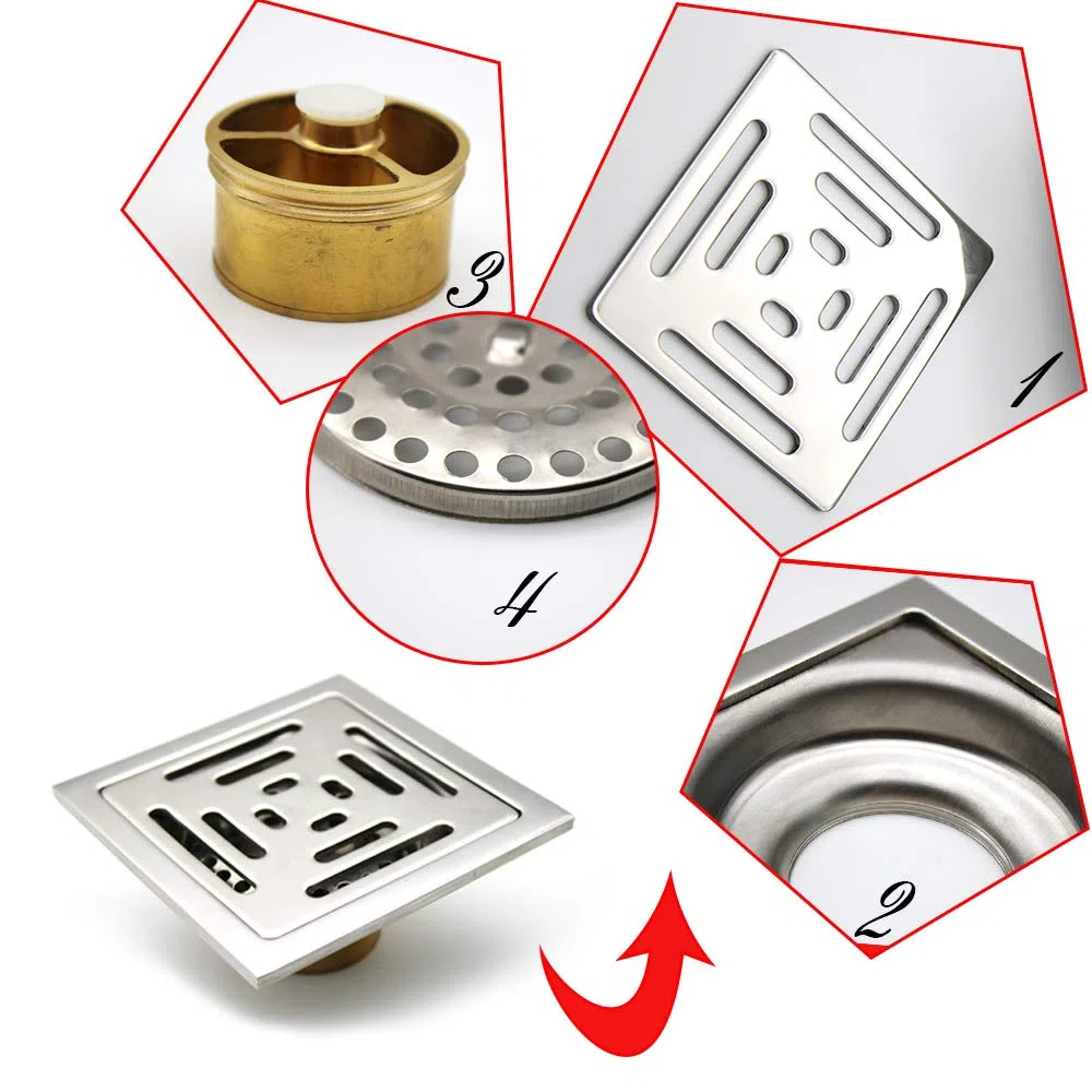 Scarico per doccia quadrato sifone per pavimento antiodore, in acciaio inox scarico del pavimento con filtro per bagno, giardino, 100 mm x 100 mm