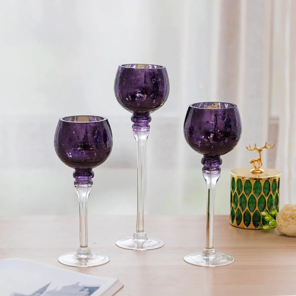 Portacandele Vetro Portalimini Viola: 3 Pezzi Porta Candele in Mercurio Centrotavola Natalizio Matrimoni Decorazione Della Casa Candelieri per Candele Galleggianti e Piccoli Colonna