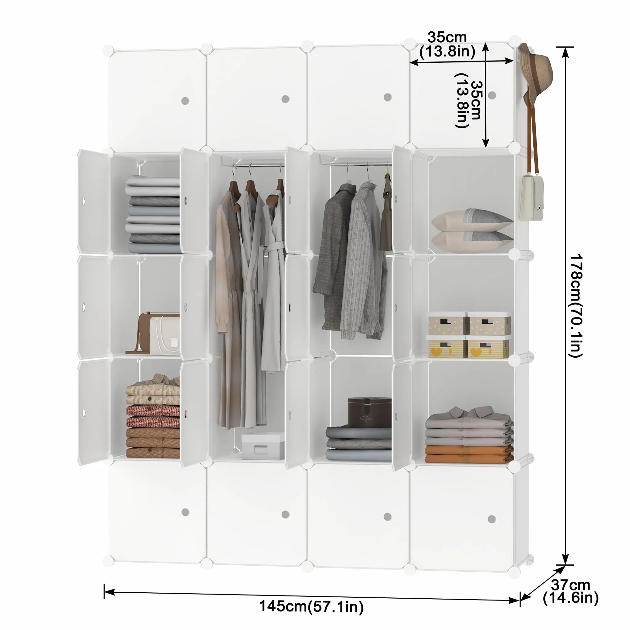 LZQ Armadio multiuso, sistema di scaffalatura fai da te, in plastica, per camera da letto, con porta, con 20 cubi e asta appendiabiti (latte)