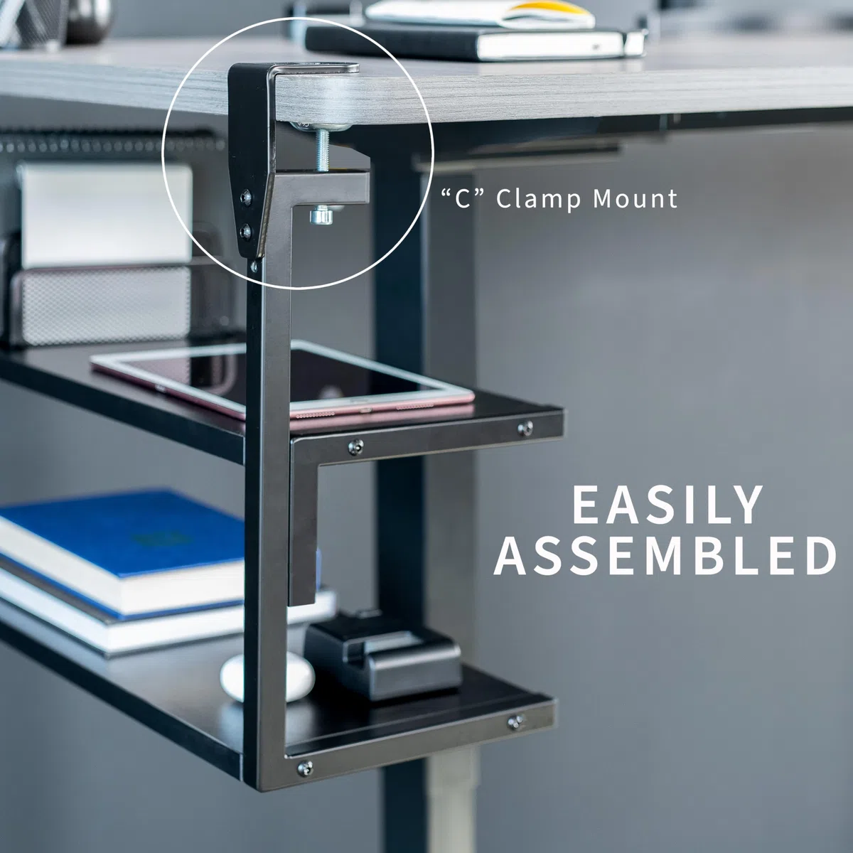 VIVO Scaffale a 2 ripiani con morsetto, 61 cm sopra o sotto la scrivania, per accessori da tavolo, dispositivi di gioco e altro, vassoio portaoggetti, organizer da scrivania, nero, STAND-SHELF24C