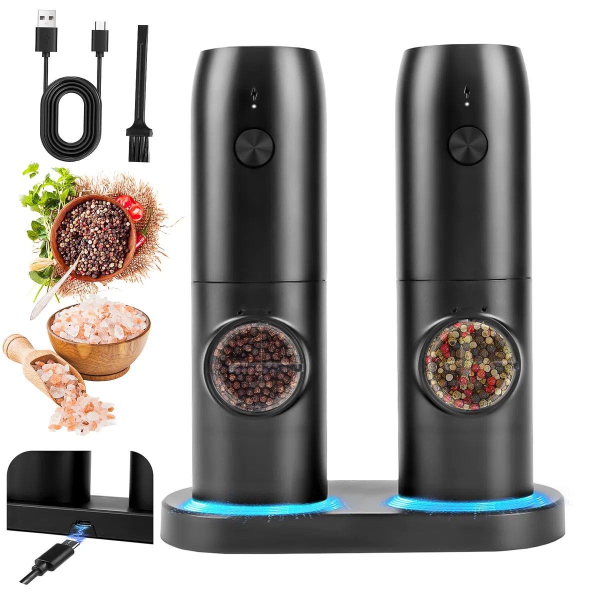 Set di 2 macinasali e pepe elettrico con base ricaricabile, doppia stazione di ricarica, spazzola, luce LED, macinazione automatica per barbecue, ristorante cucina