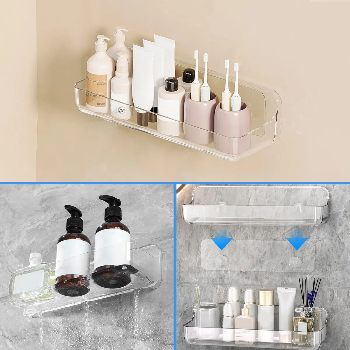 Diesisa 2 Pezzi Mensola Doccia Senza Foratura, Mensole Bagno a Parete, Porta Oggetti Doccia Adesive, Organizer Doccia Asciugatura Rapida, Porta Bagnoschiuma da Doccia per Bagno (Lungo-Trasparente)