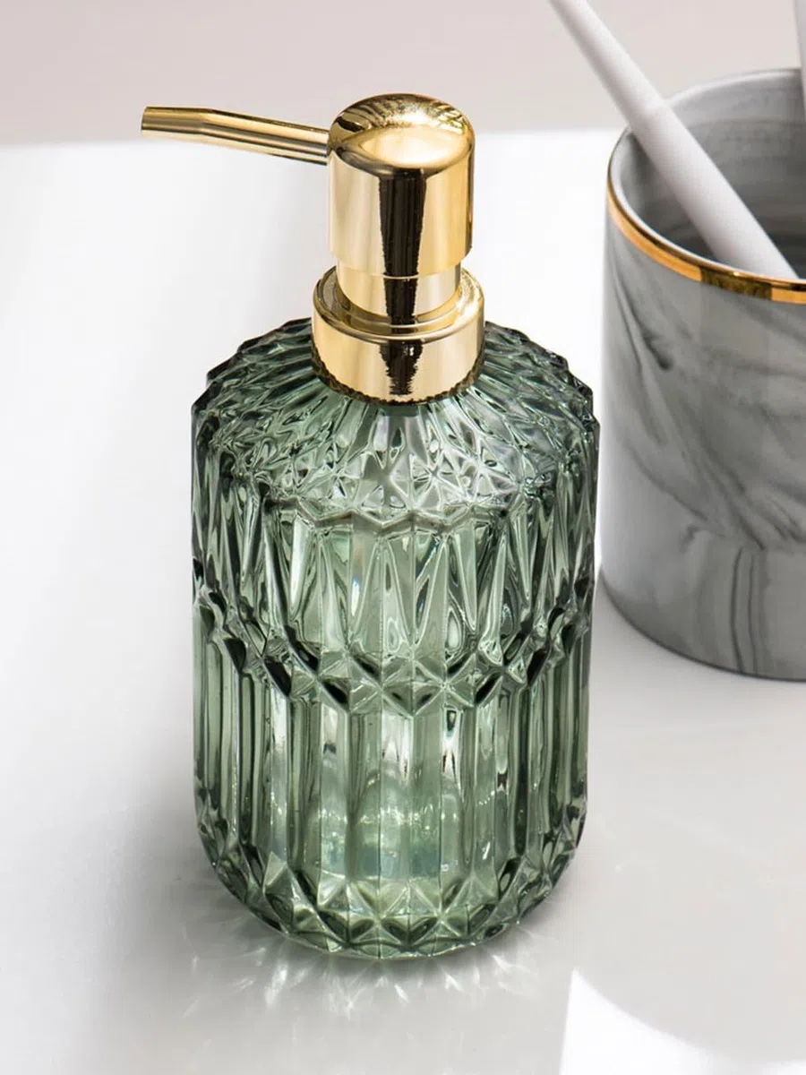 Dispenser Sapone Bagno Vetro, 390ml Dispenser Sapone Vetro Oro e Verde, Elegante Vintage Dispenser Sapone Liquido da Bagno, Set da 2