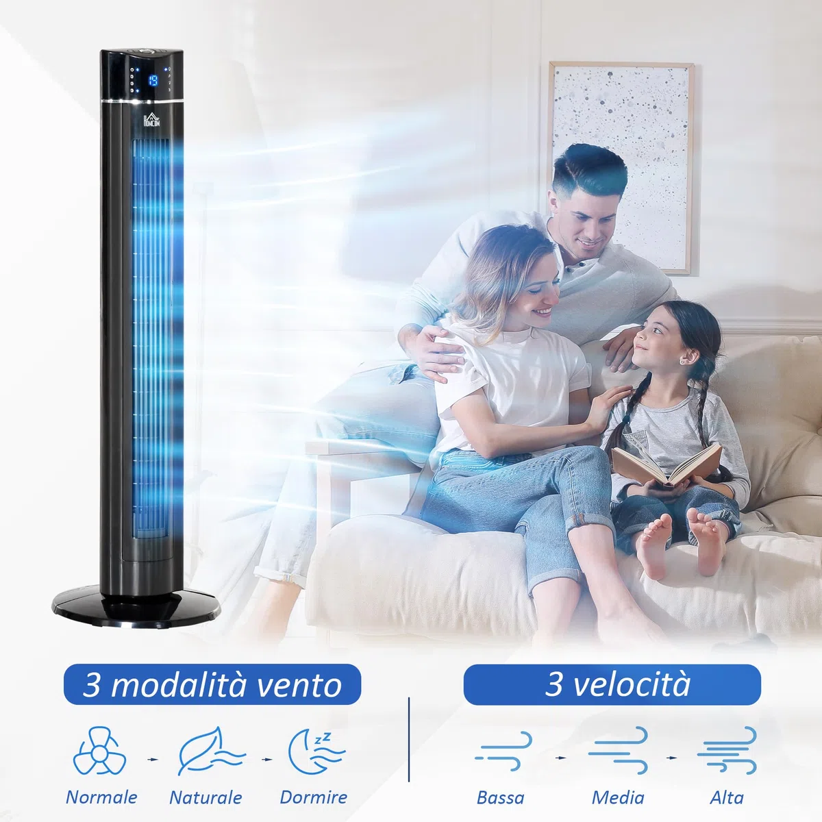 HOMCOM Ventilatore a Torre Ionizzatore 60W con 3 Velocità, 3 Modalità e Timer 8h, Ventilatore a Colonna da Terra in ABS, Ø32x106.8 cm, Nero