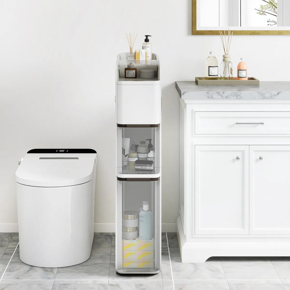 KOMFOTTEU Armadietto a nicchia sottile su ruote, salvaspazio con 2 cassetti, porta fazzoletti, ripiano superiore, carrello per cucina, bagno, 18 x 43 x 88 cm (bianco)