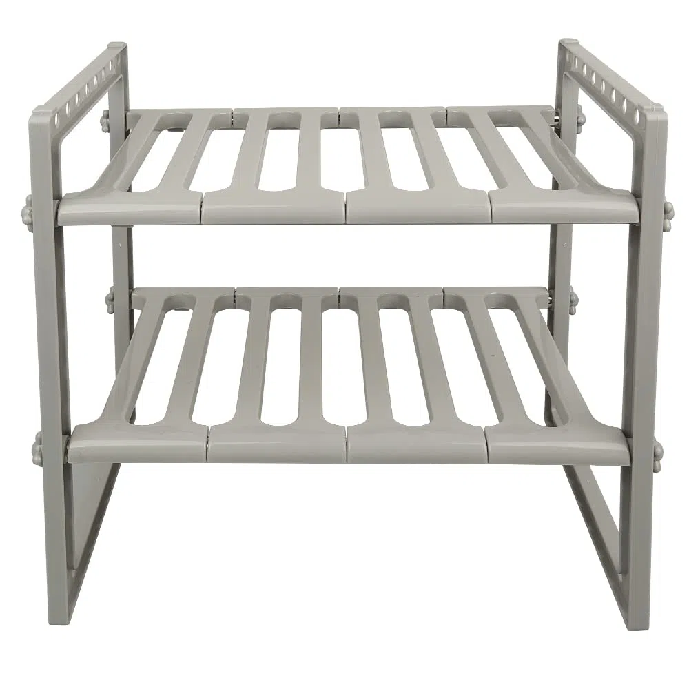 Scaffale Sottolavello Stoviglie– Stoviglie Ripiano PP rack estensibile organizzatore sotto il lavello scaffale espandibile di stoccaggio, 2 livelli, per cucina, bagno-38-70*26*38 cm (grigio)