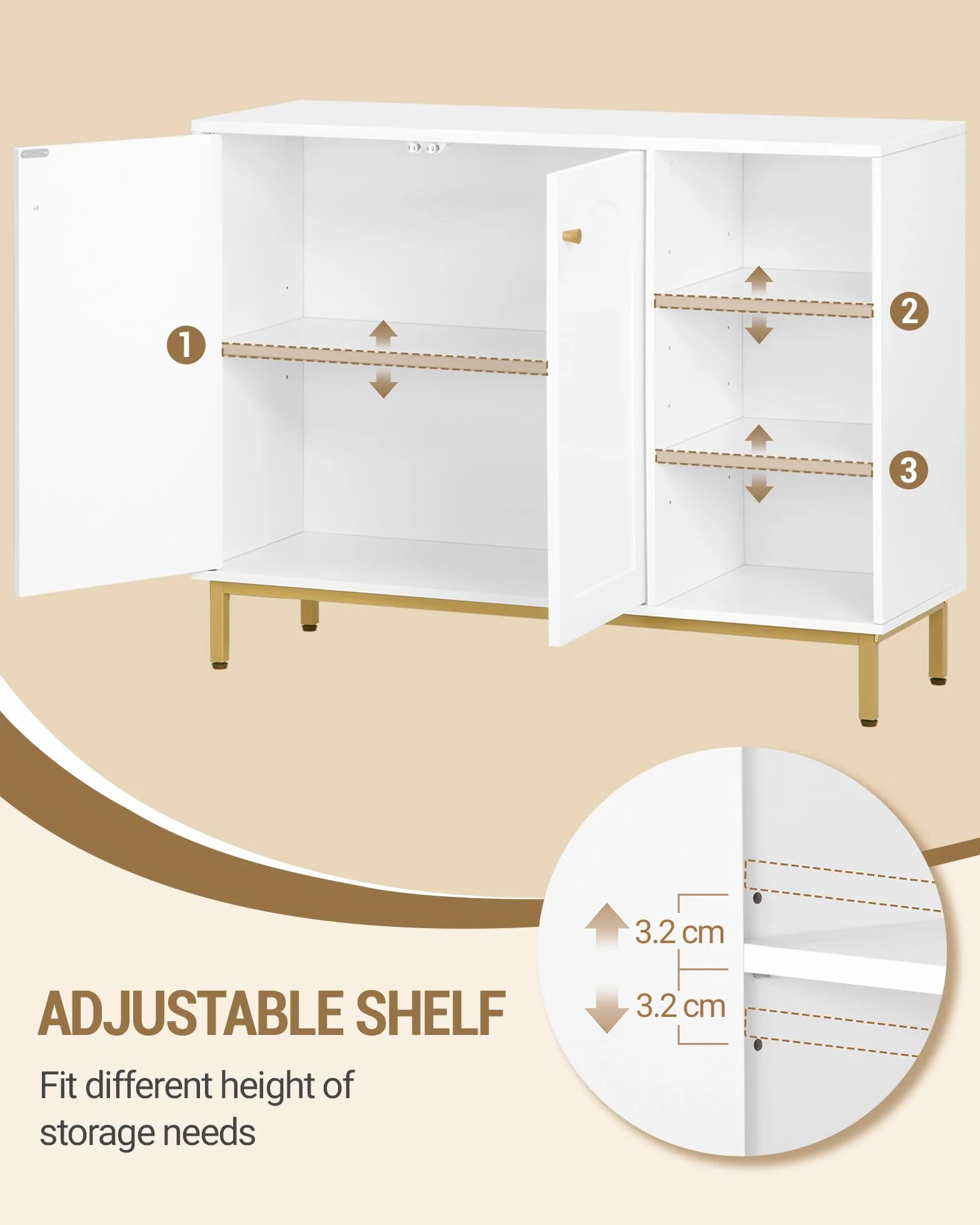 Hzuaneri Mobile da Bagno, Armadietto Autoportante, con 3 Ripiani Aperti Regolabili e 2 ante, Grande Capacità di Stoccaggio, per Bagno, Soggiorno, Ingresso, Cucina, Bianco-Oro SC10203G