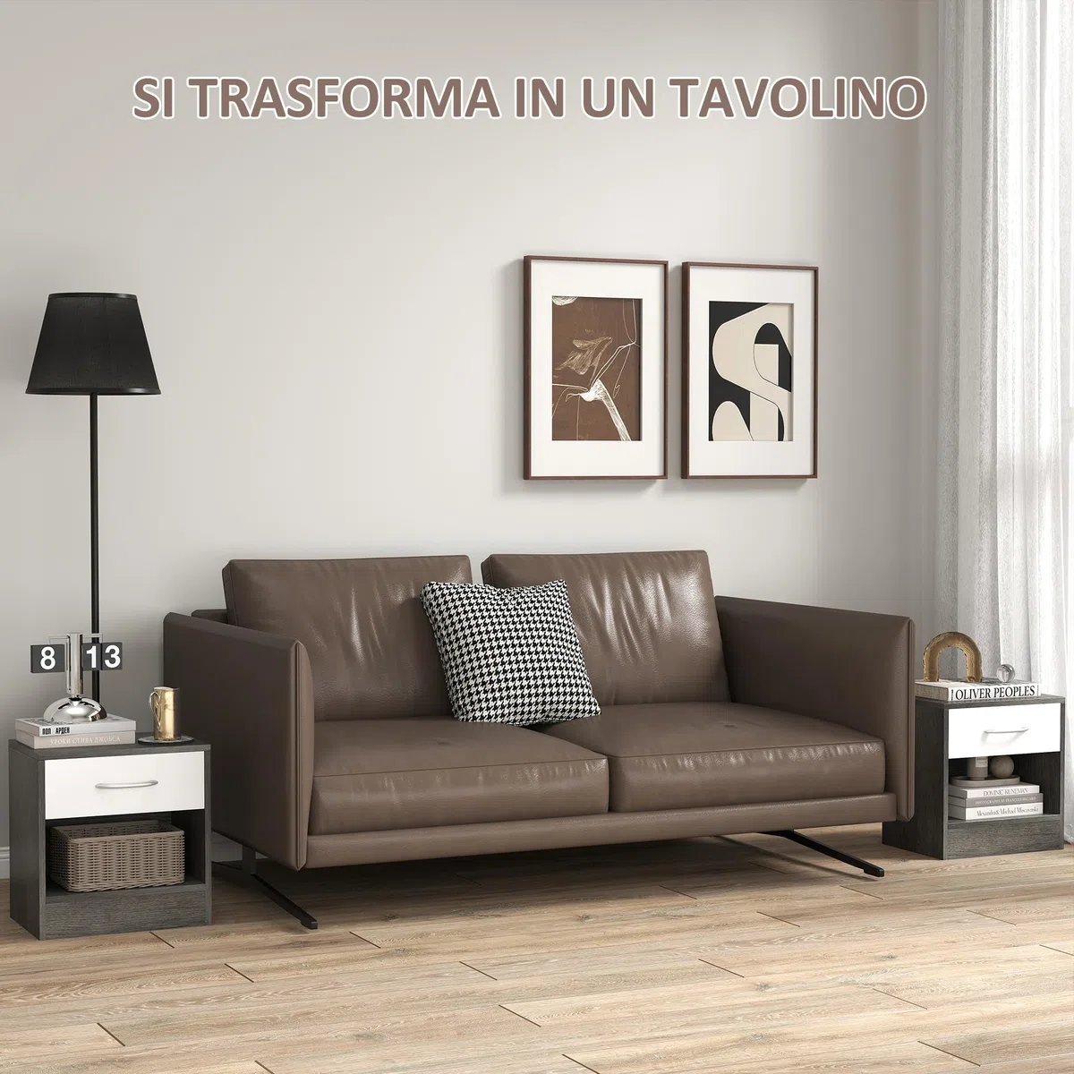 HOMCOM Set 2 Comodini per Camera da Letto con Ripiano Aperto e Cassetto, Comodini Moderni in Truciolato, 39x28x41 cm, Bianco e Grigio Scuro