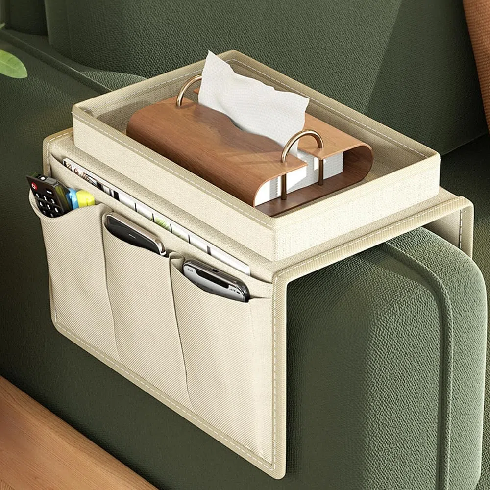 Vassoio organizer per bracciolo del divano, borsa portaoggetti per bracciolo del divano, anti-fuoriuscita telecomando e supporto per cellulare (bianco)