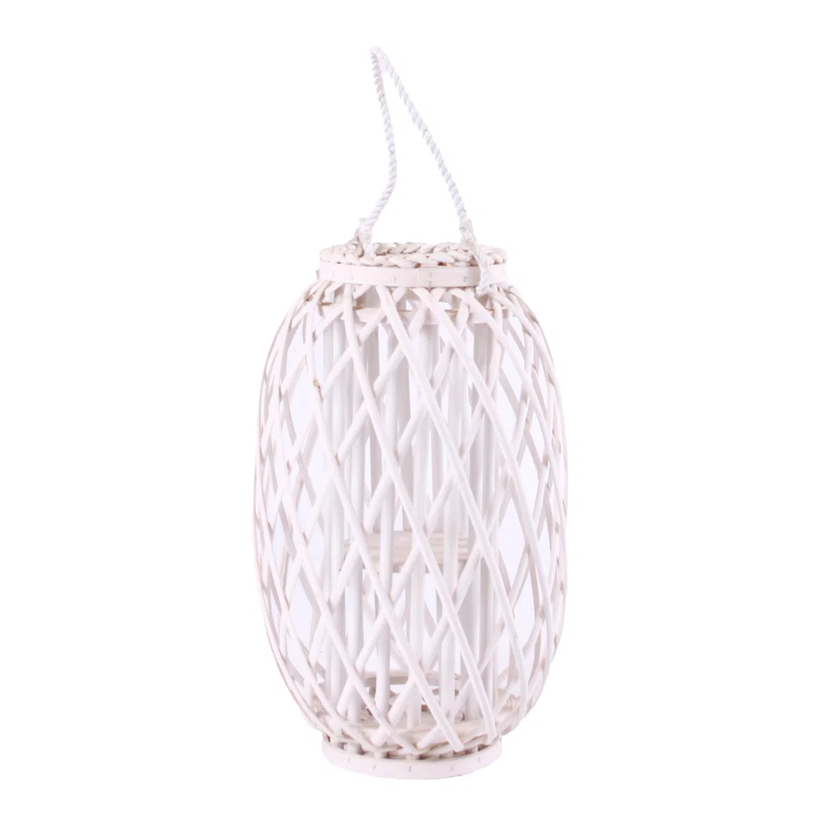 Lanterna Bianca in Vimini con Manico in Corda, Lanterna Decorativa Alta per Interni ed Esterni Stile Rustico 16x44 cm