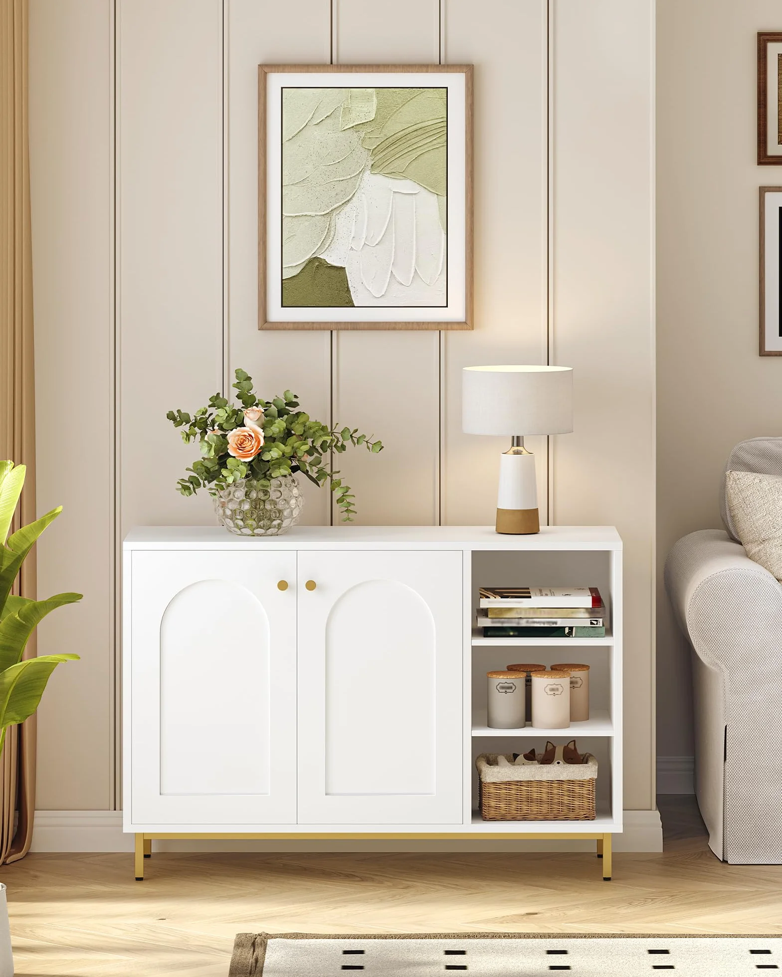 Hzuaneri Mobile da Bagno, Armadietto Autoportante, con 3 Ripiani Aperti Regolabili e 2 ante, Grande Capacità di Stoccaggio, per Bagno, Soggiorno, Ingresso, Cucina, Bianco-Oro SC10203G
