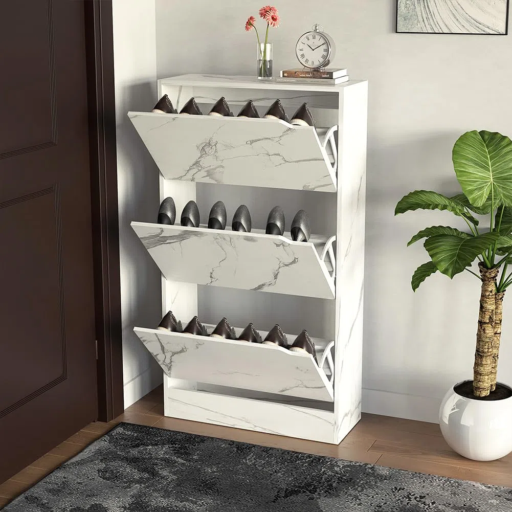 BAKAJI Scarpiera Portascarpe in Legno MDF con 3 Ante Porta Scarpe a Ribalta Maniglie a Scomparsa Doppia Profondità Dimensioni Compatte Slim 63 x 24 x 115 cm Salvaspazio Ingresso Casa (Marmo)
