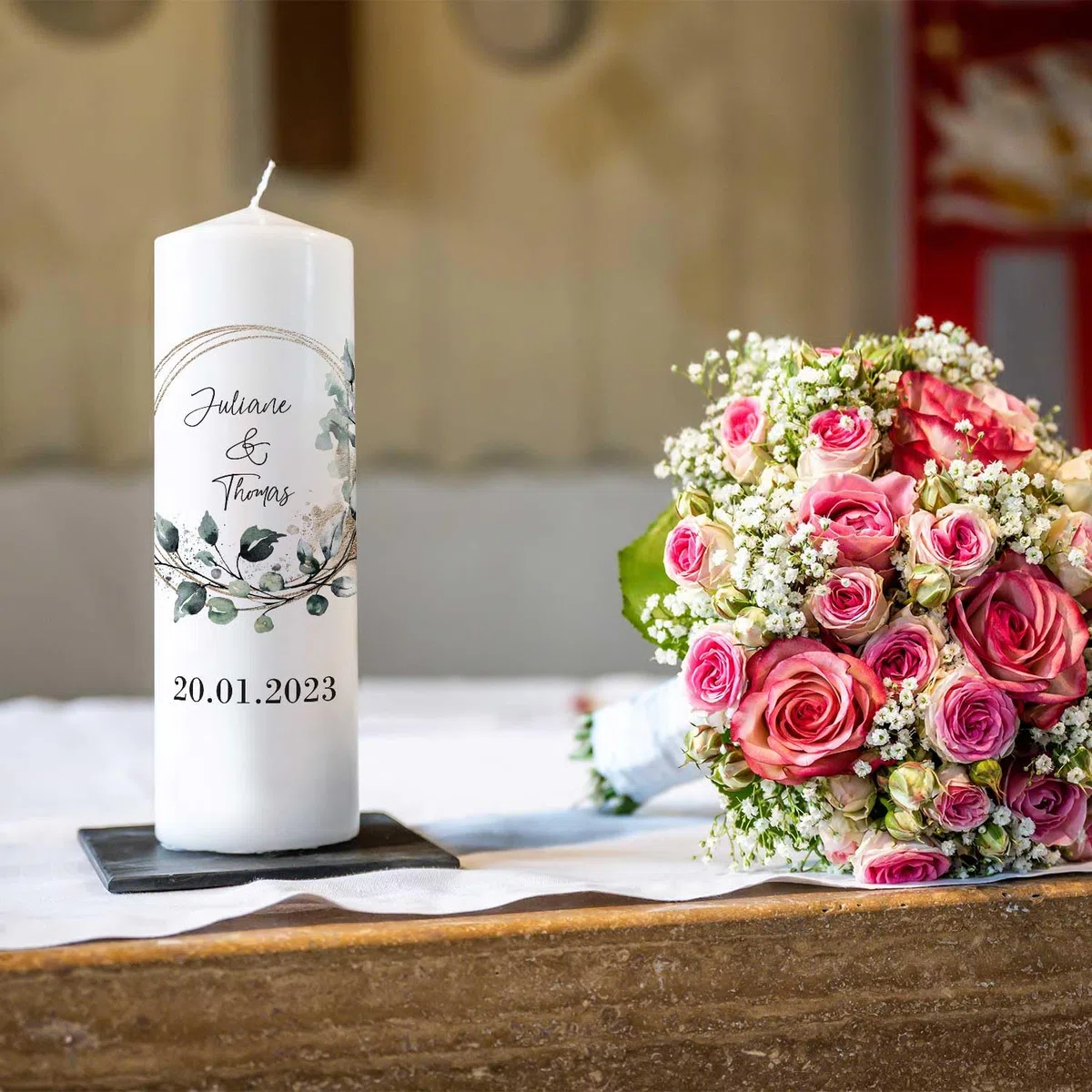 GRAVURZEILE Candela Stampata - Cerchio Floreale - Personalizzata Con Nome e Data per Nozze - Regalo per Sposi - Pilastro di Alta Qualità 250/80 mm - Bianco