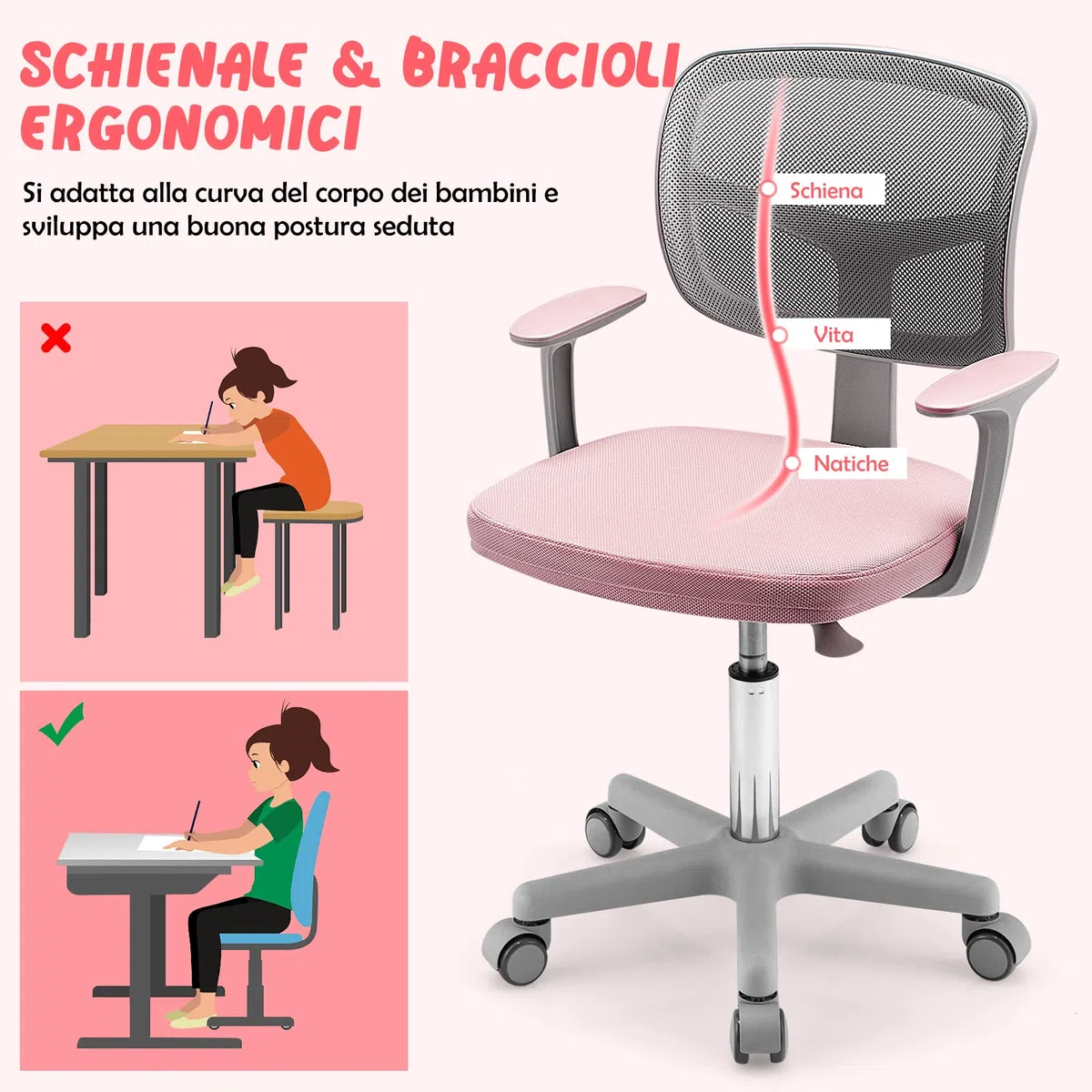 COSTWAY Sedia per Scrivania per Bambini, Sedia per Computer con Altezza Regolabile, Ruote, Sedile Girevole a Rete, Mobile Ergonomica per Bambini 3-10 Anni 3-10 Anni (Rosa)