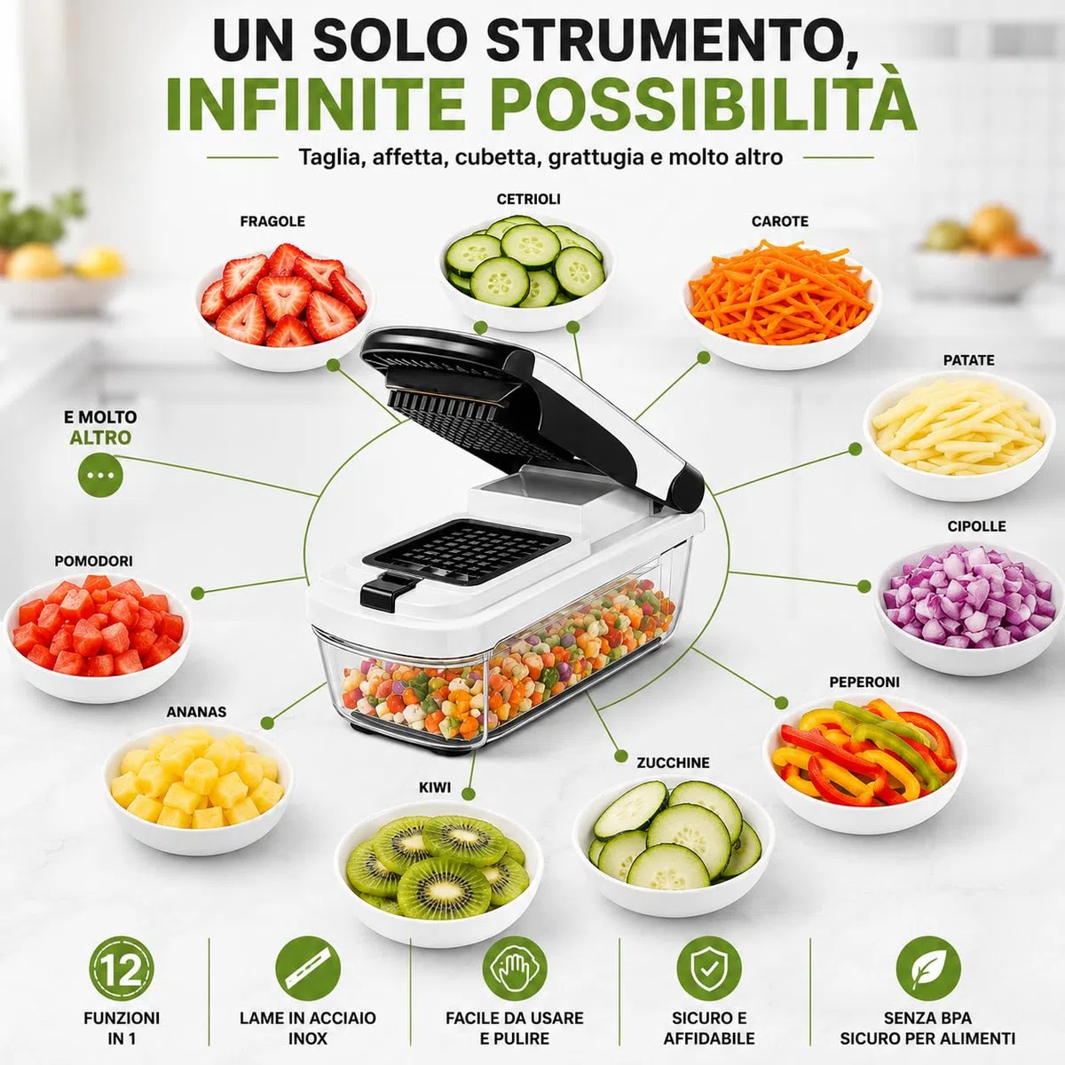 Mandolina per Verdure con 12 Accessori | Lame Intercambiabili in Acciaio Inox | Contenitore Trasparente | Tritatutto Multifunzionale per Verdure